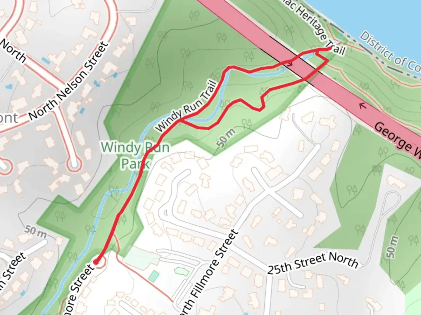 An image depicting the trail Windy Run Trail and its surrounding area.