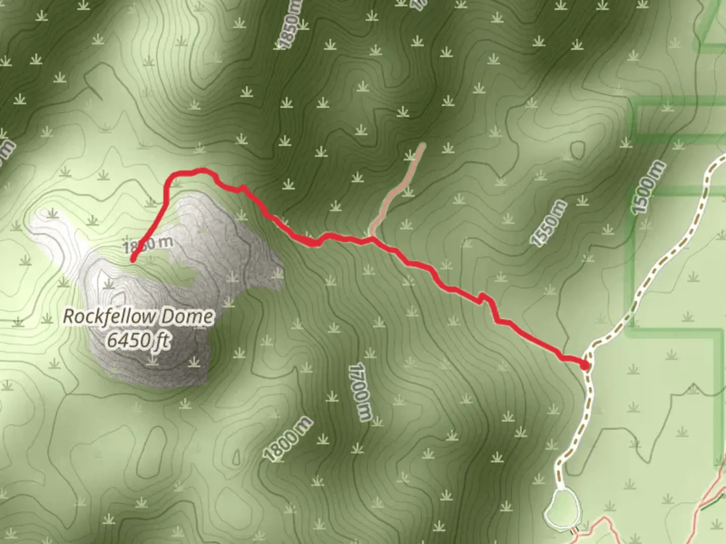 An image depicting the trail Rockfellow Dome Out and Back and its surrounding area.