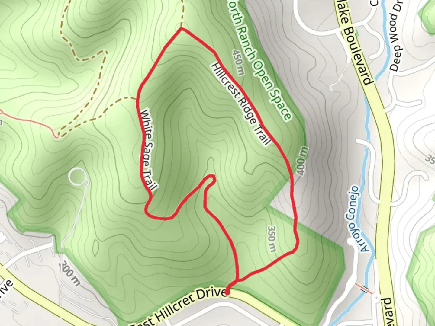 An image depicting the trail Hillcrest Ridge and White Sage Loop Trail and its surrounding area.