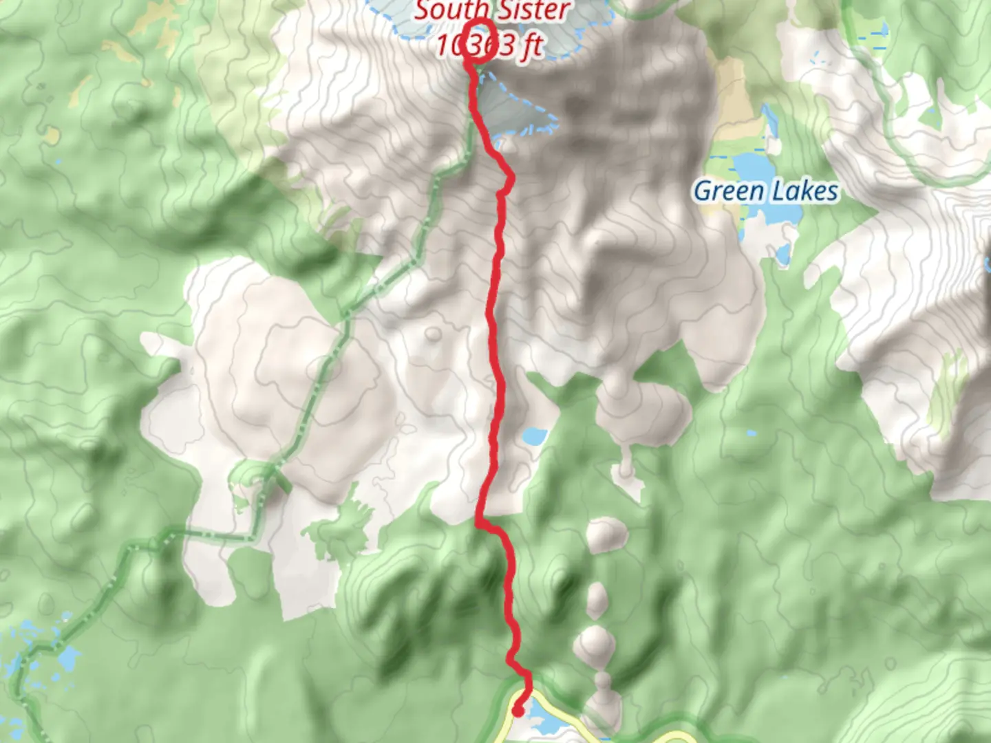 An image depicting the trail Teardrop Pool and South Sister Climber Trail and its surrounding area.