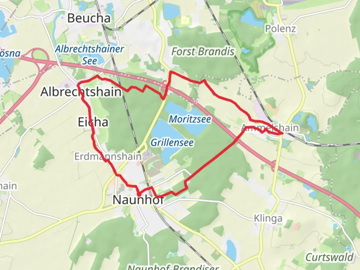 An image depicting the trail Naunhof and Eichaer Wald Loop and its surrounding area.
