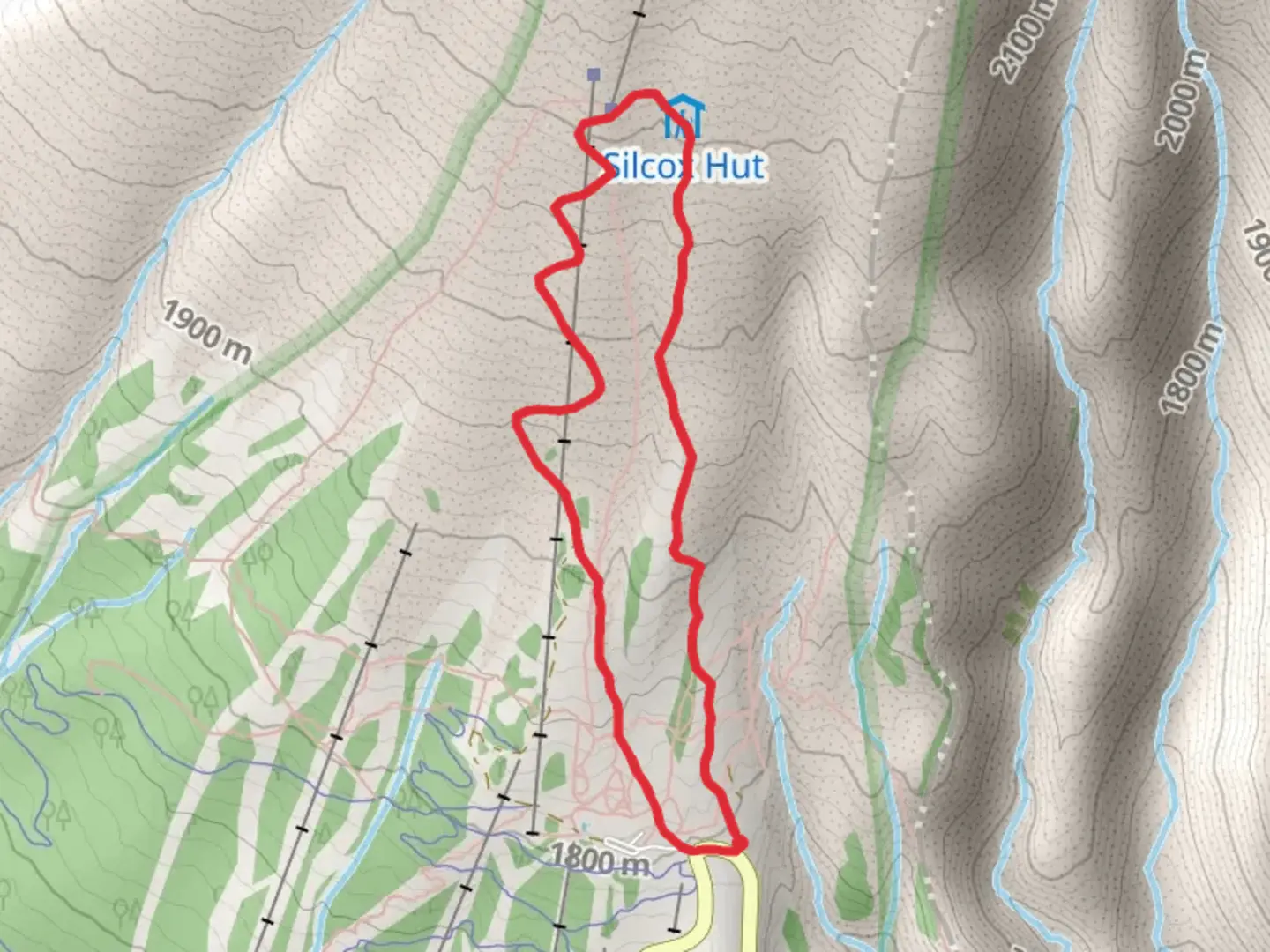 An image depicting the trail Silcox Hut access road and Mountaineer Loop Trail and its surrounding area.
