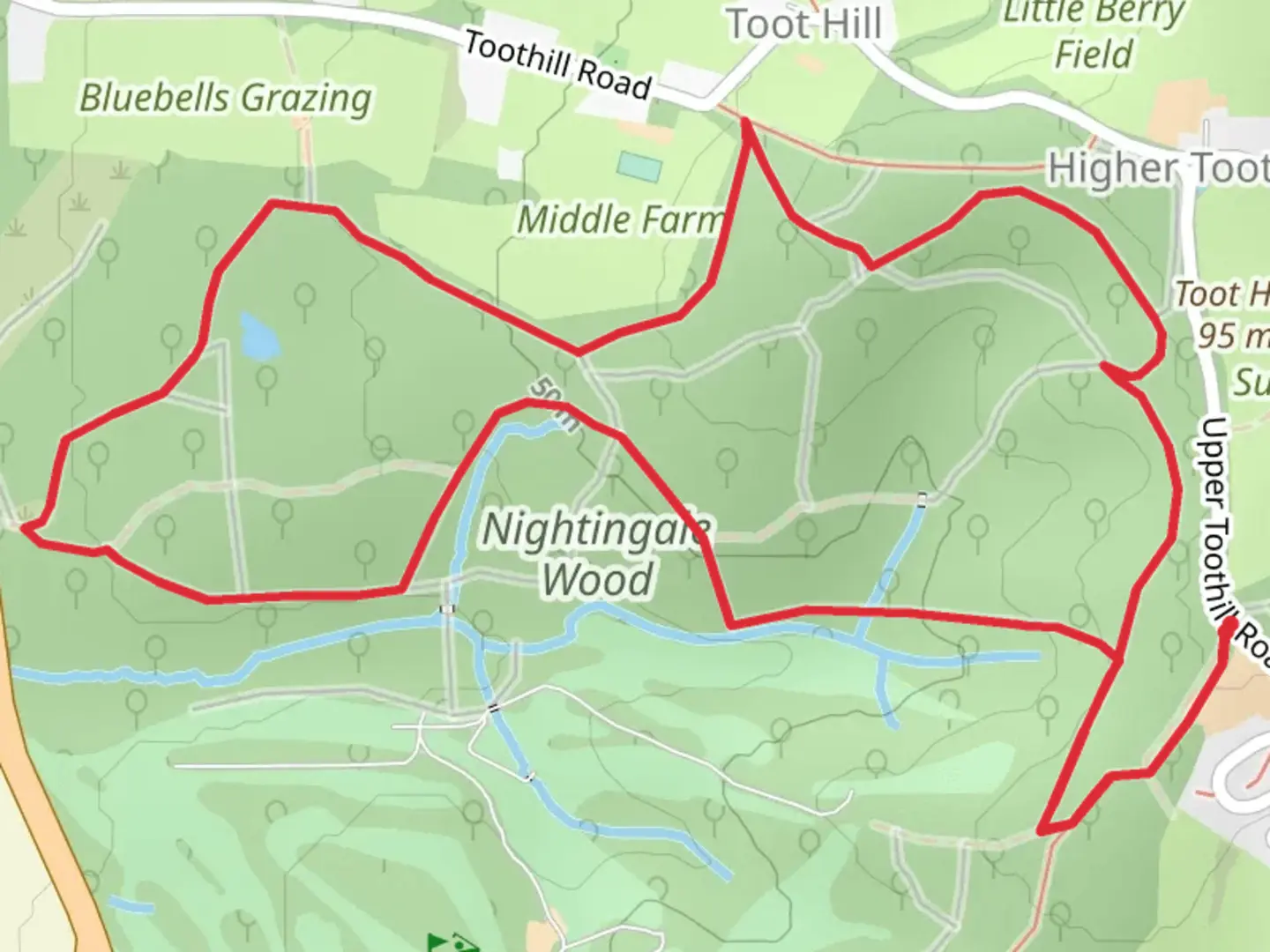 An image depicting the trail Nightingale Wood Loop and its surrounding area.