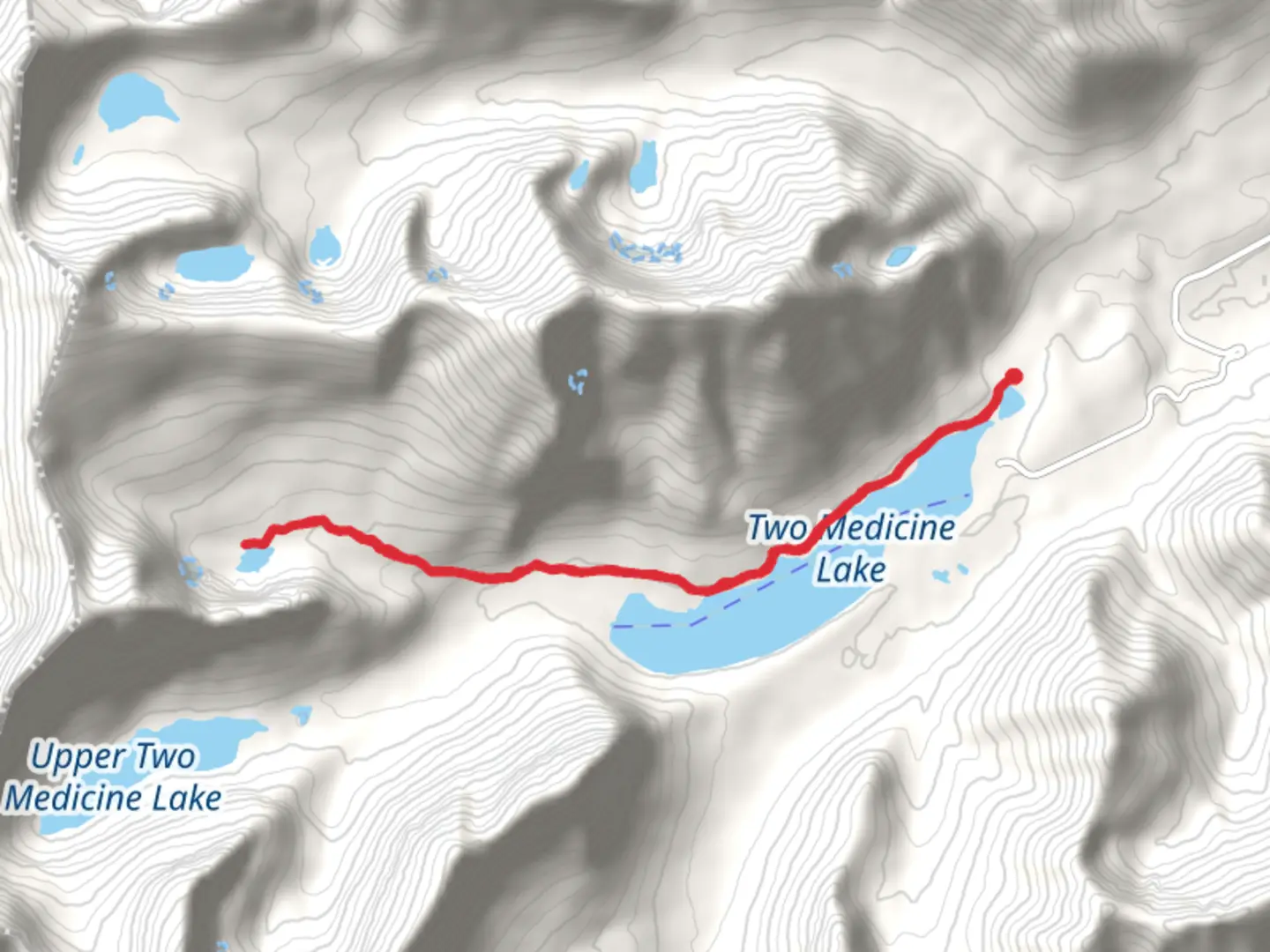 An image depicting the trail No Name Lake and Two Medicine Lake via Dawson Pass and its surrounding area.
