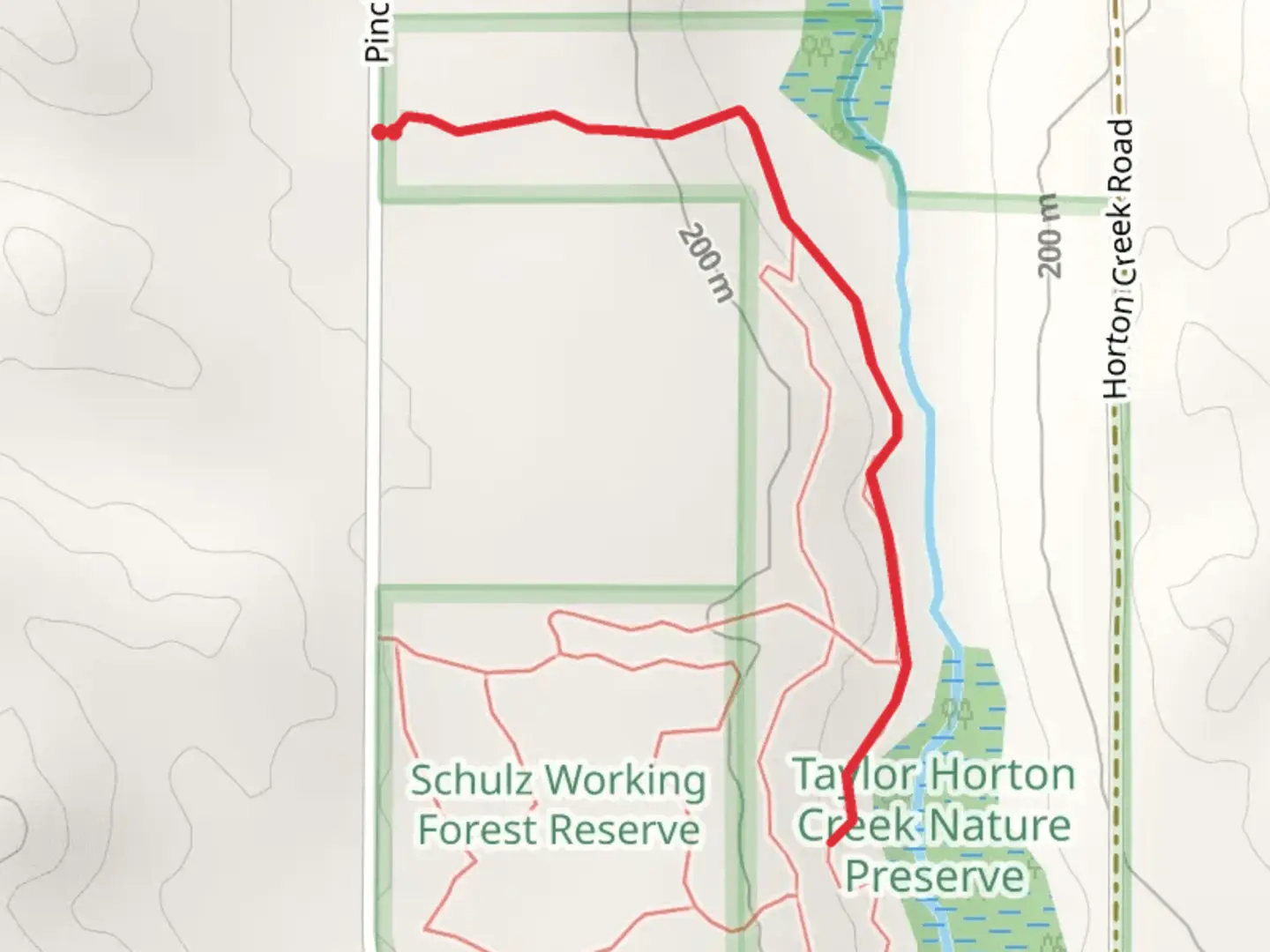 An image depicting the trail Horton Creek from Pincherry Road and its surrounding area.