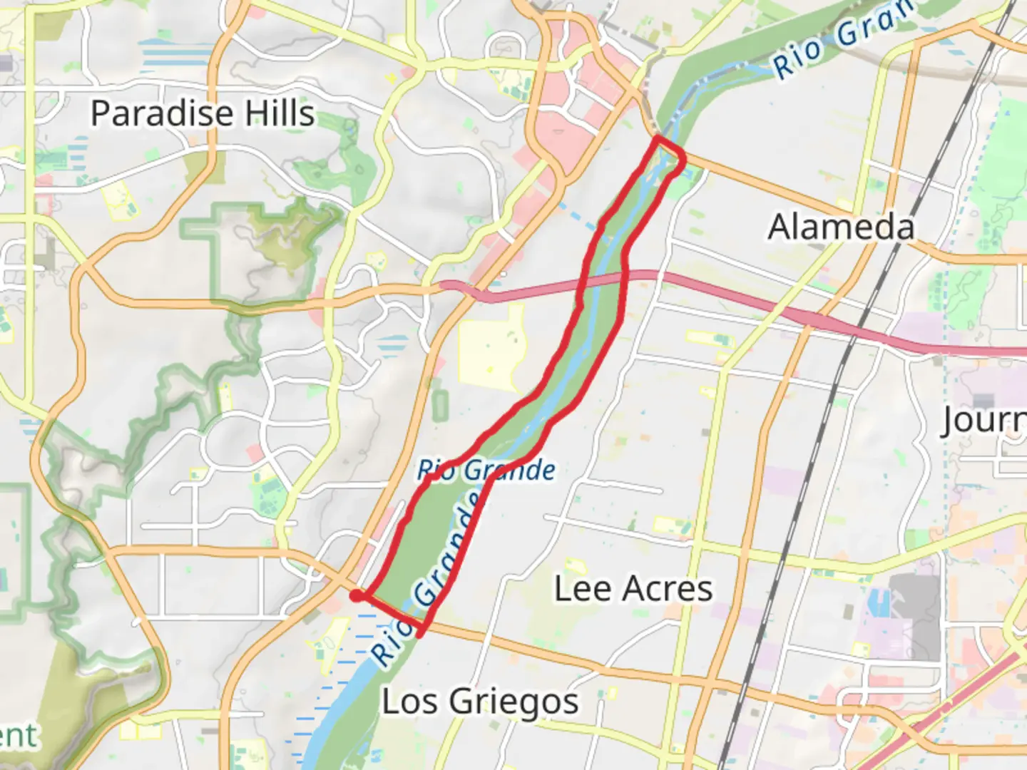 An image depicting the trail Rio Grande Bosque and Alameda Bosque Loop and its surrounding area.