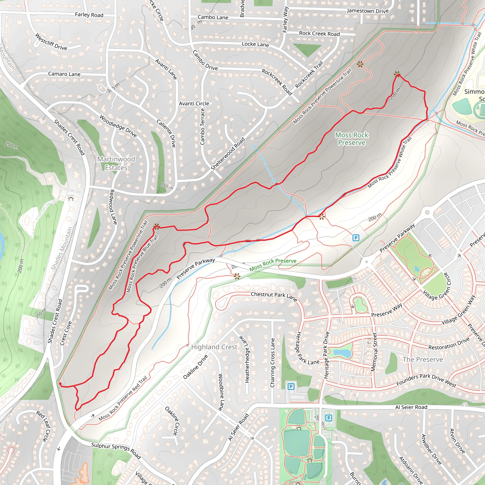 Moss Rock Preserve Blue-White Loop Trail mobile static map