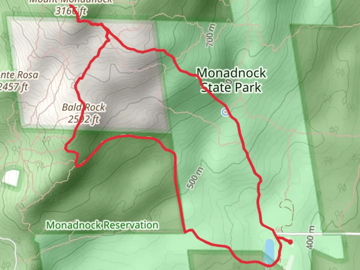 An image depicting the trail Mount Monadnock and Bald Rock Loop via Poole Reservoir and its surrounding area.