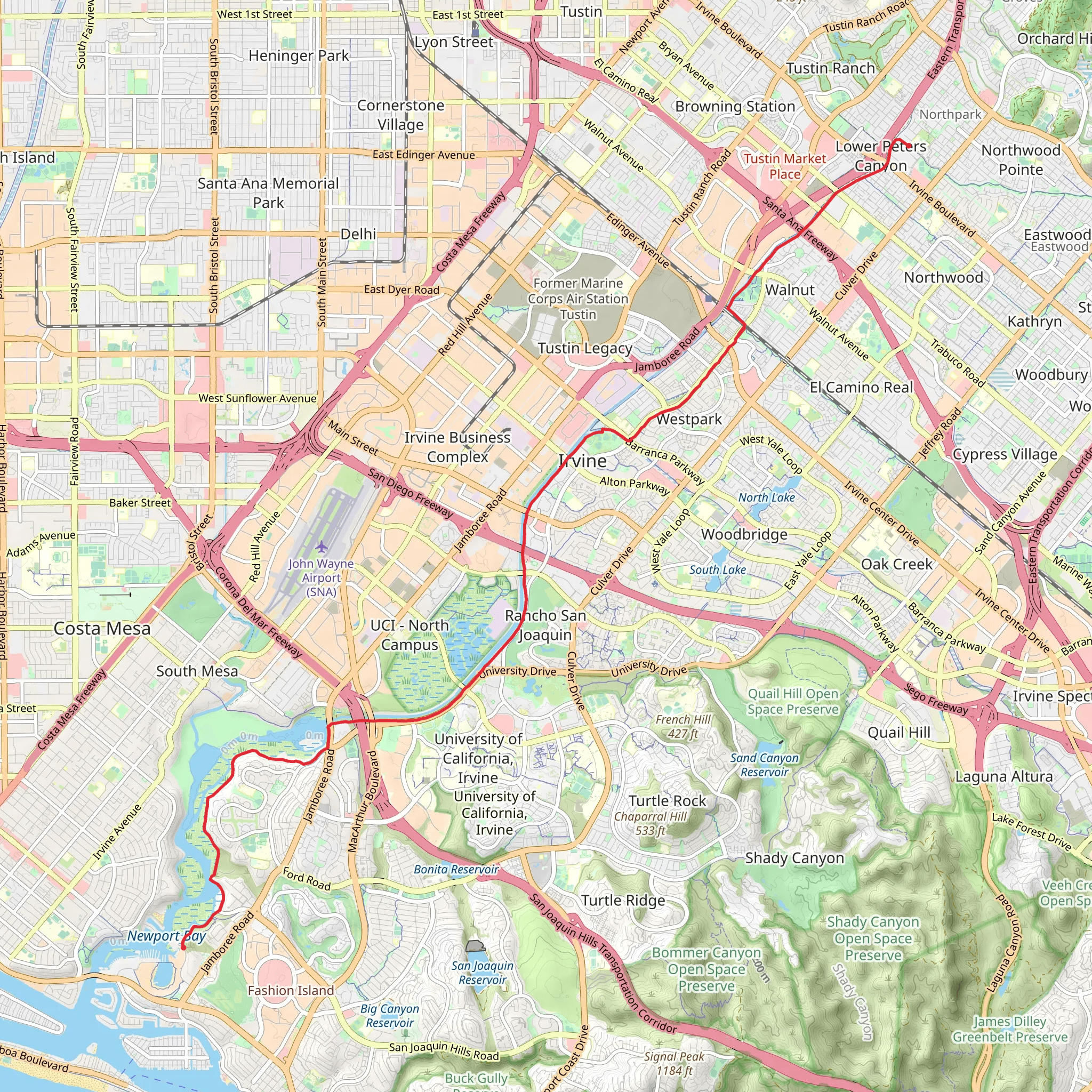 Newport Bay to Lower Peters Canyon mobile static map