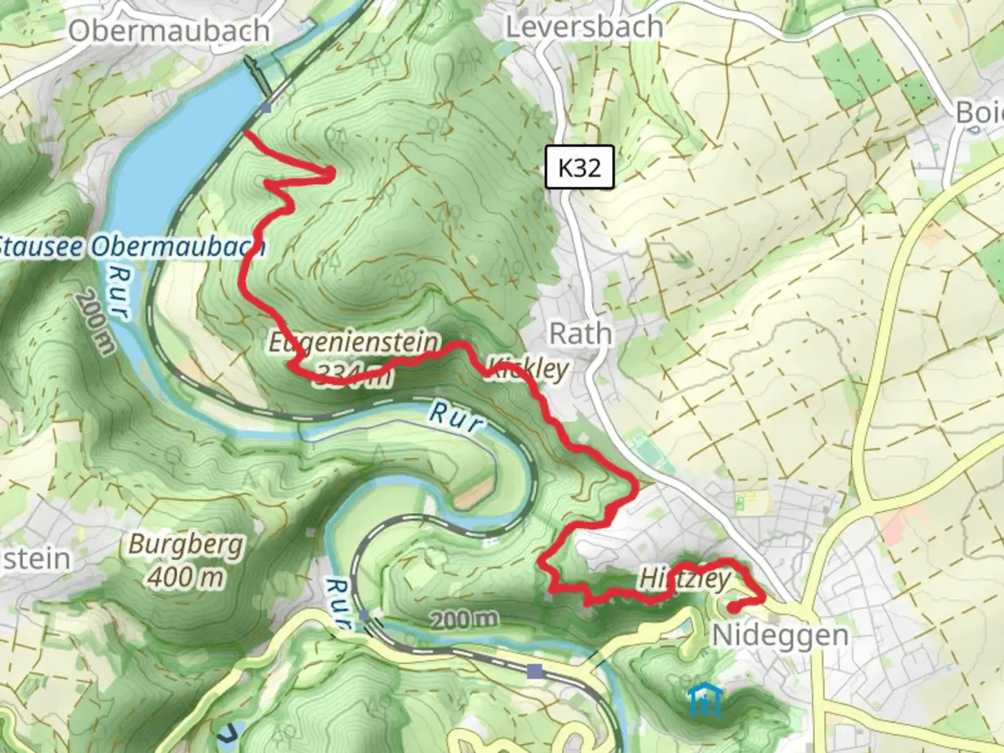 An image depicting the trail Christinenley, Hindenburgtor and Eifelblick Waldkapelle Obermaubach via Felsenweg and its surrounding area.