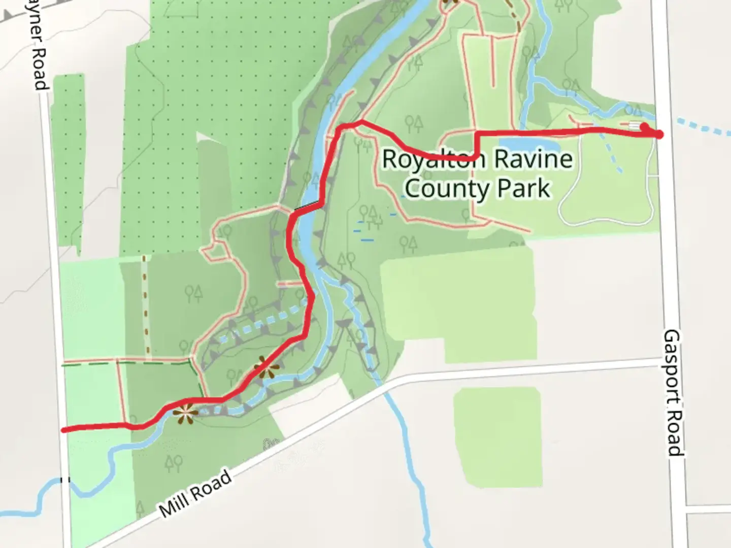 An image depicting the trail Red trail from Gasport Road and its surrounding area.