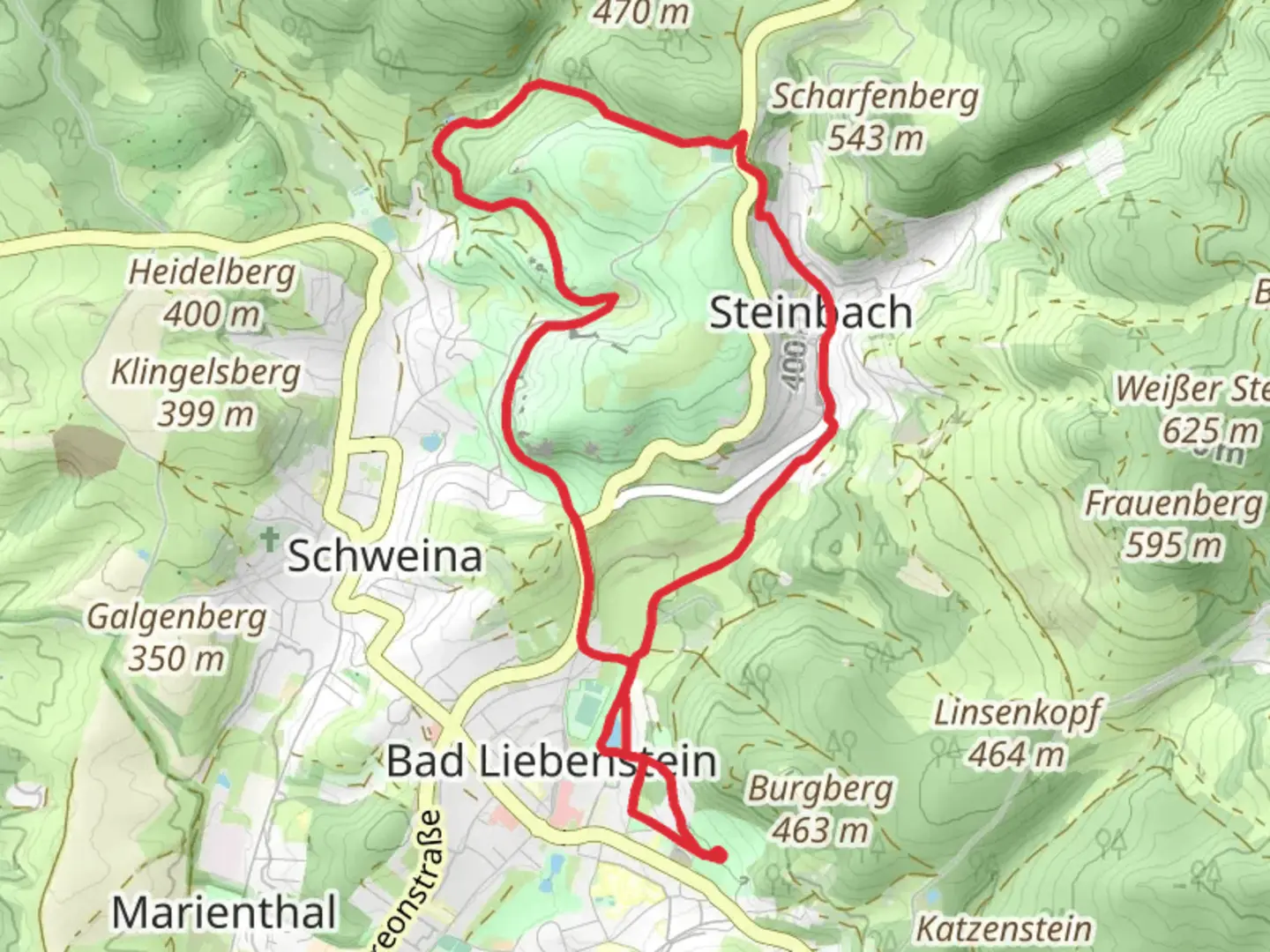 An image depicting the trail Elisabethpark, Schloss Altenstein, Luisenthaler Wasserfall and Hubertushof Loop and its surrounding area.