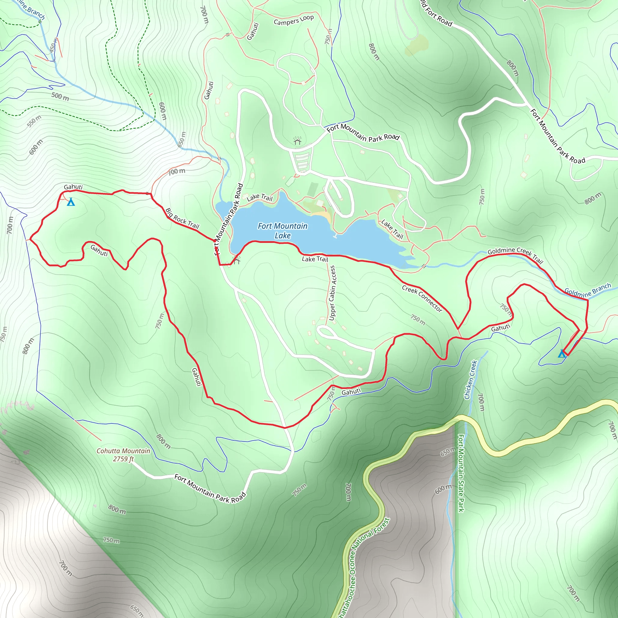 Big Rock Trail, Gahuti and Fort Mountain Lake Loop Trail mobile static map
