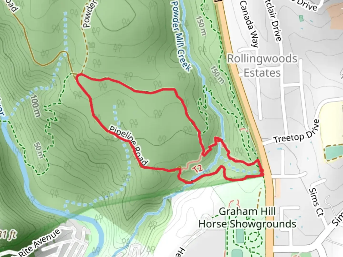 An image depicting the trail Pipeline Road and Powder Mill Loop Trail and its surrounding area.