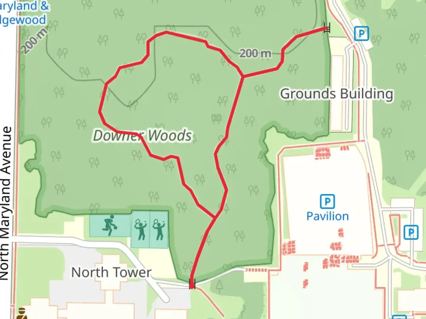 An image depicting the trail Downer Woods Loop and its surrounding area.