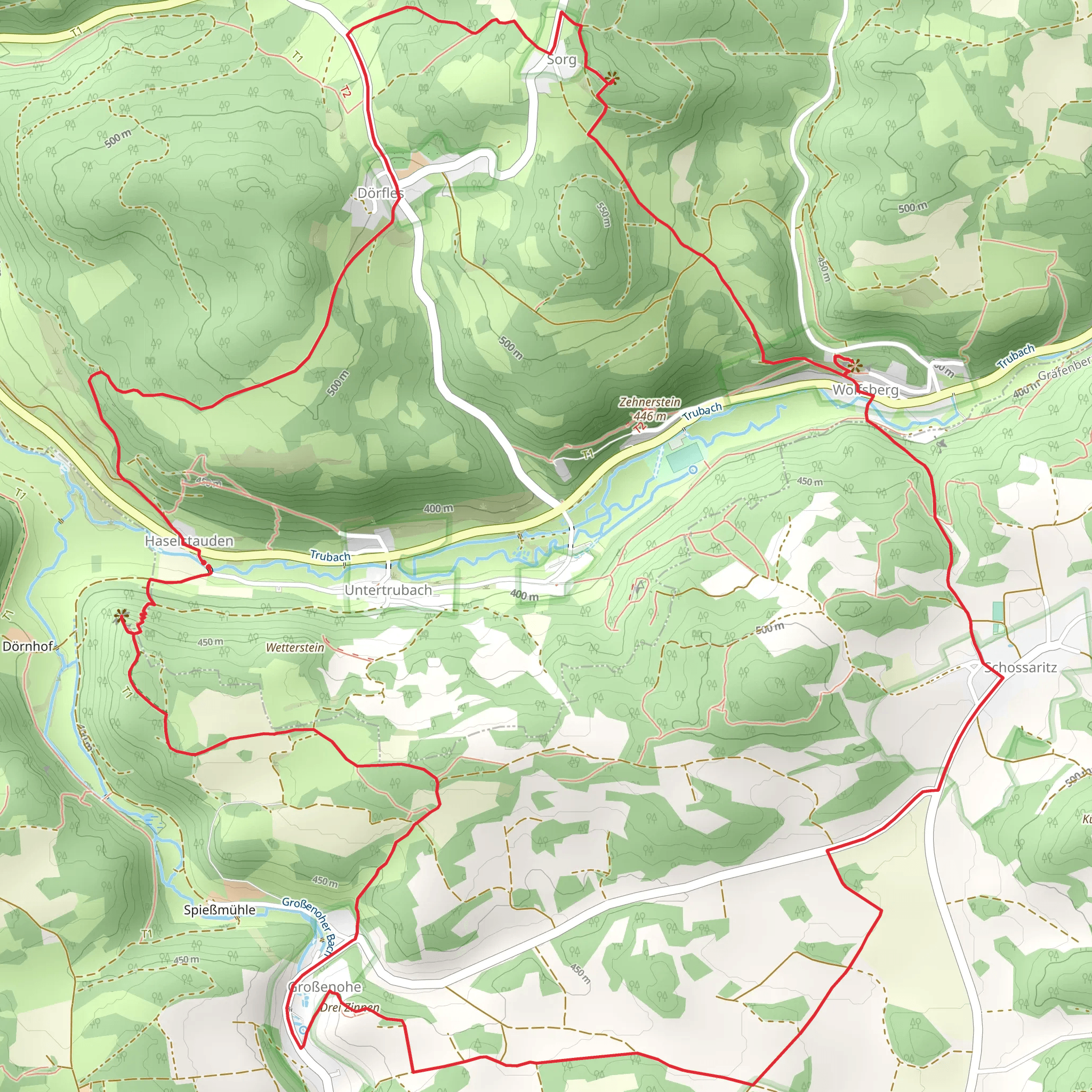 Signalstein, Ruine Wolfsberg and Drei Zinnen Loop via Lillachquelle Kleiner Kulm mobile static map