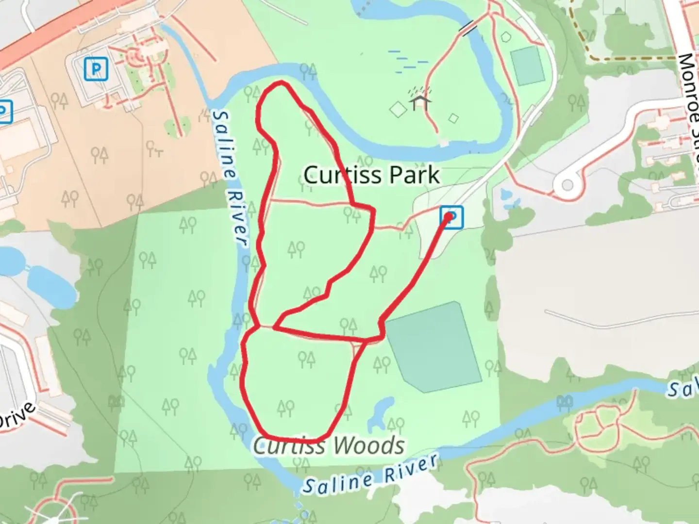 An image depicting the trail Curtiss Park Loop and its surrounding area.
