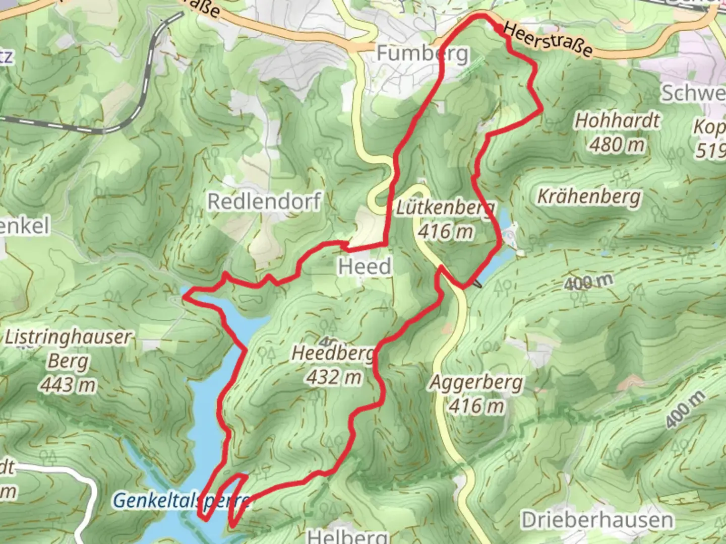 An image depicting the trail Schloß Badinghagen, Stauweiher Badinghagen and Genkeltalsperre Loop and its surrounding area.