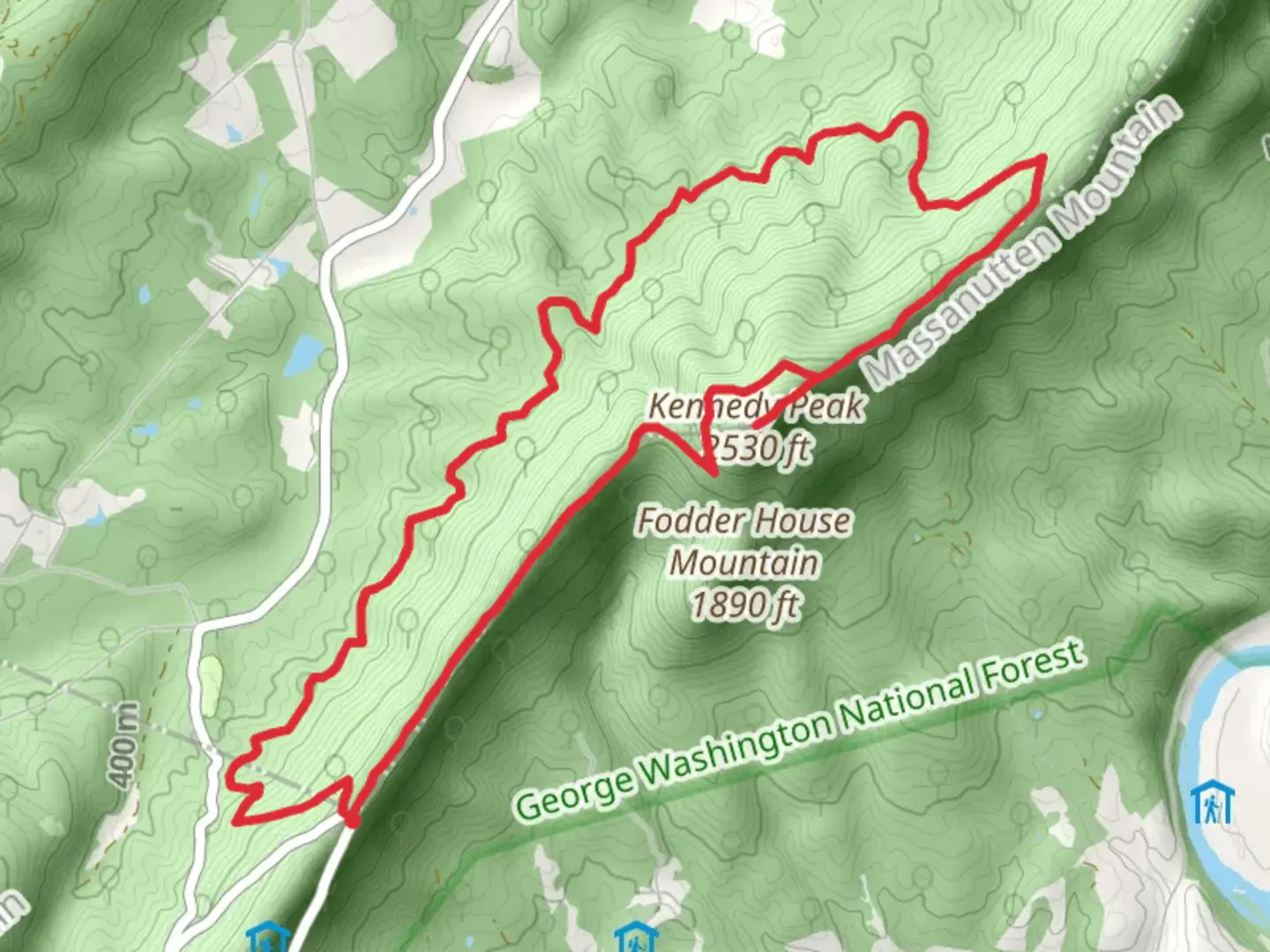 An image depicting the trail Kennedy Peak - Massanutten - Stephens Loop Trail and its surrounding area.