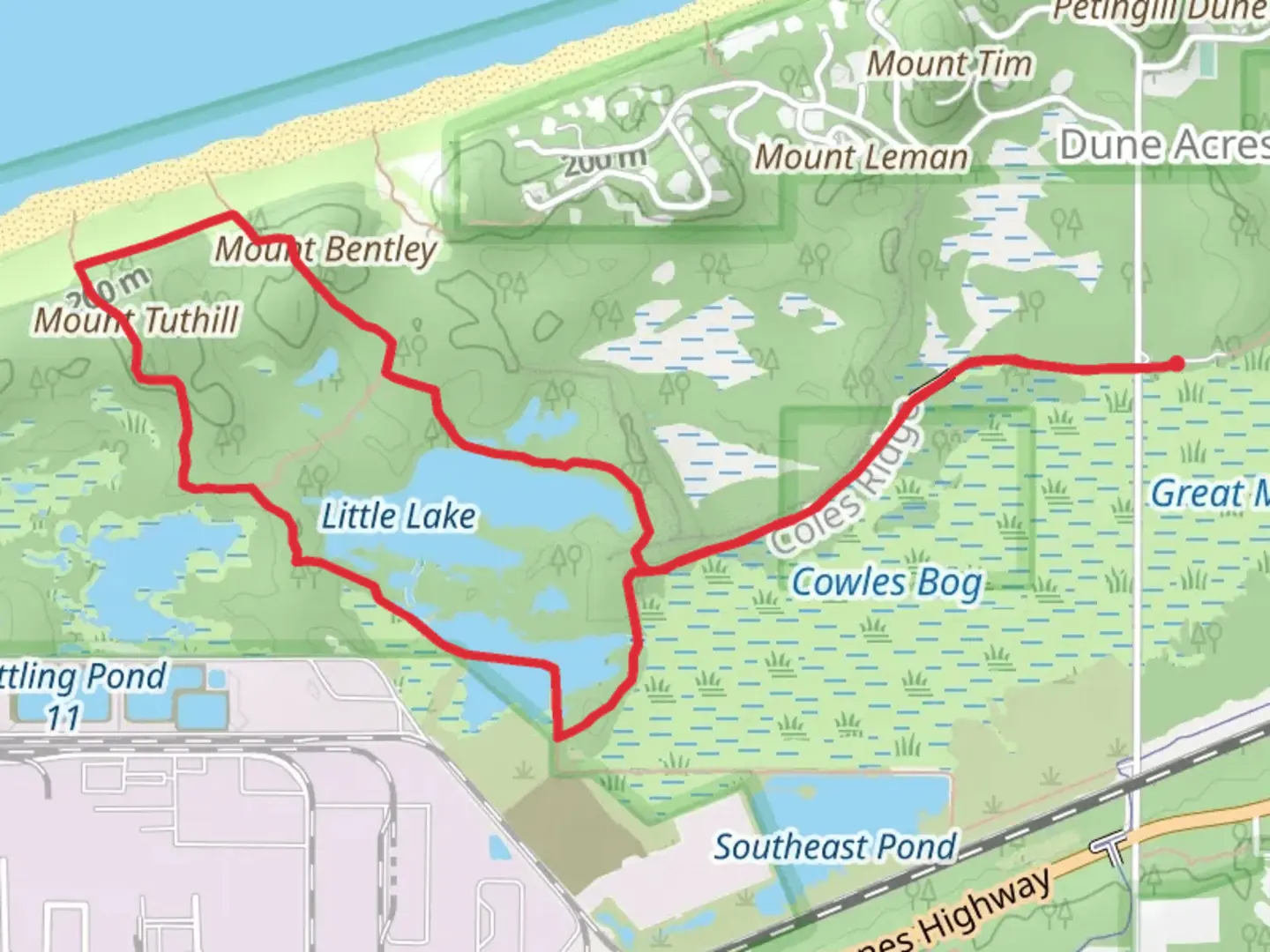 An image depicting the trail Greenbelt, Cowles Bog Trail and Little Lake Loop and its surrounding area.