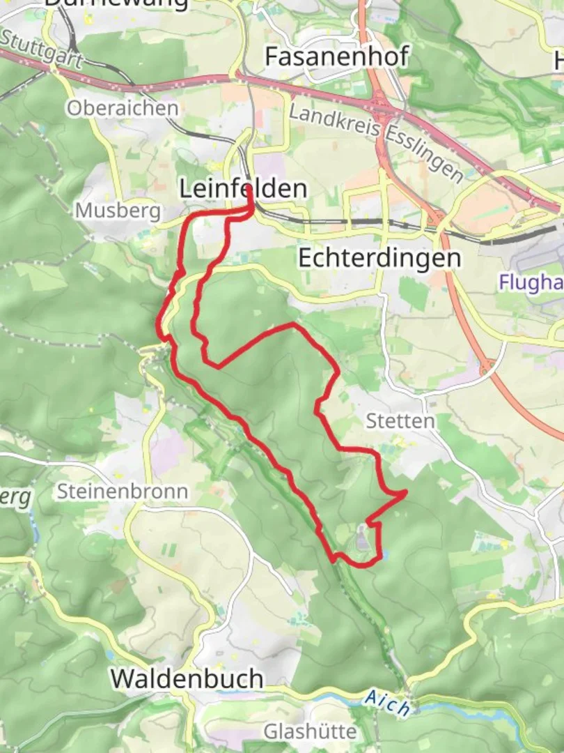 An image depicting the trail Leinfelden and Siebenmuhlental Loop and its surrounding area.
