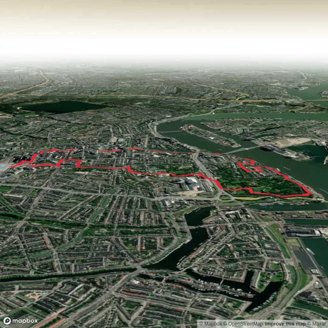 An image depicting the trail Nieuwe Werk and Het Park via Jachthaven and Leuvehaven and its surrounding area.