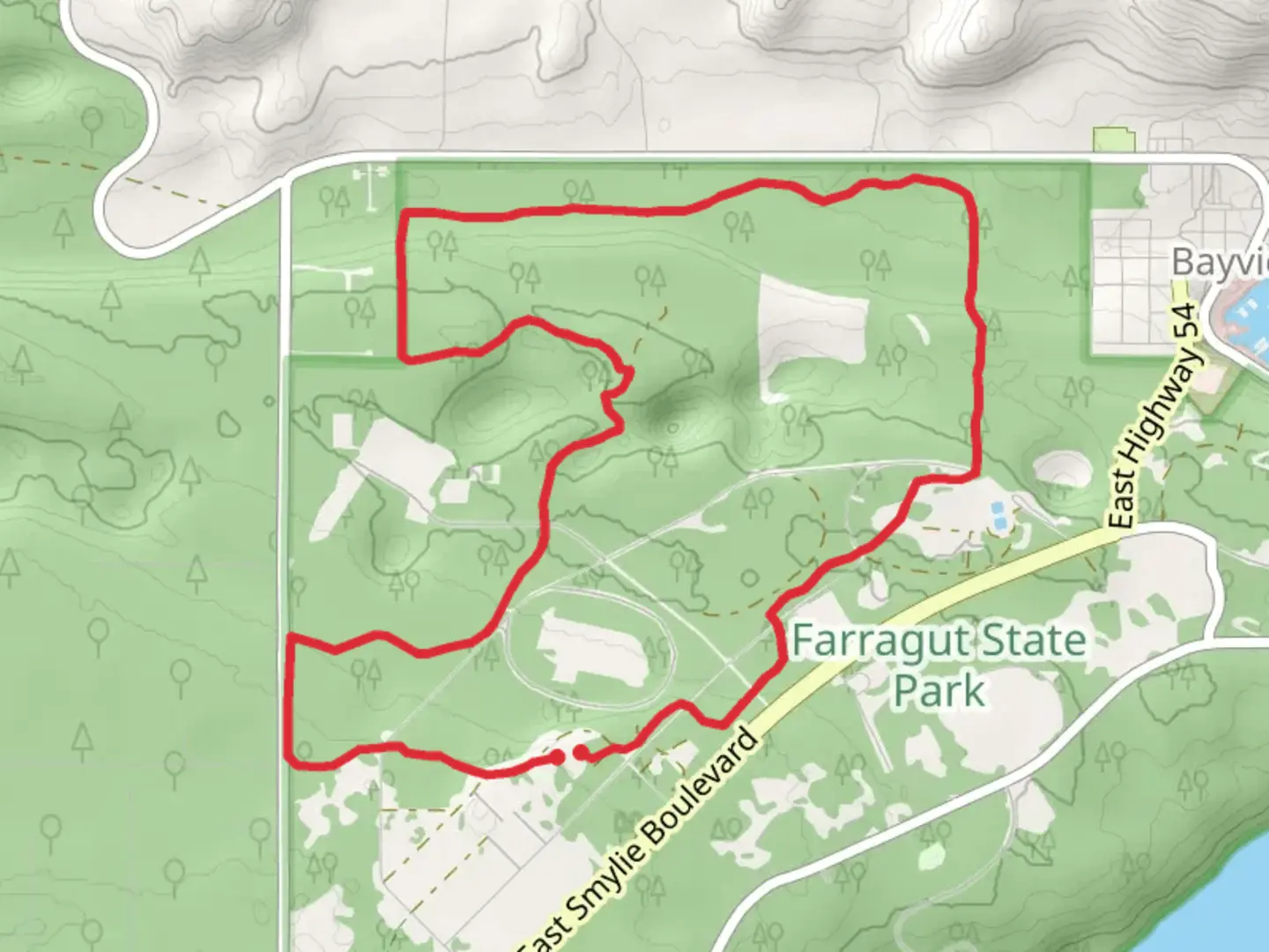 An image depicting the trail Farragut State Park Loop and its surrounding area.