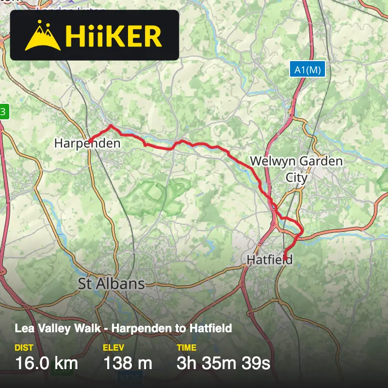A map preview of the recording Lea Valley Walk - Harpenden to Hatfield.