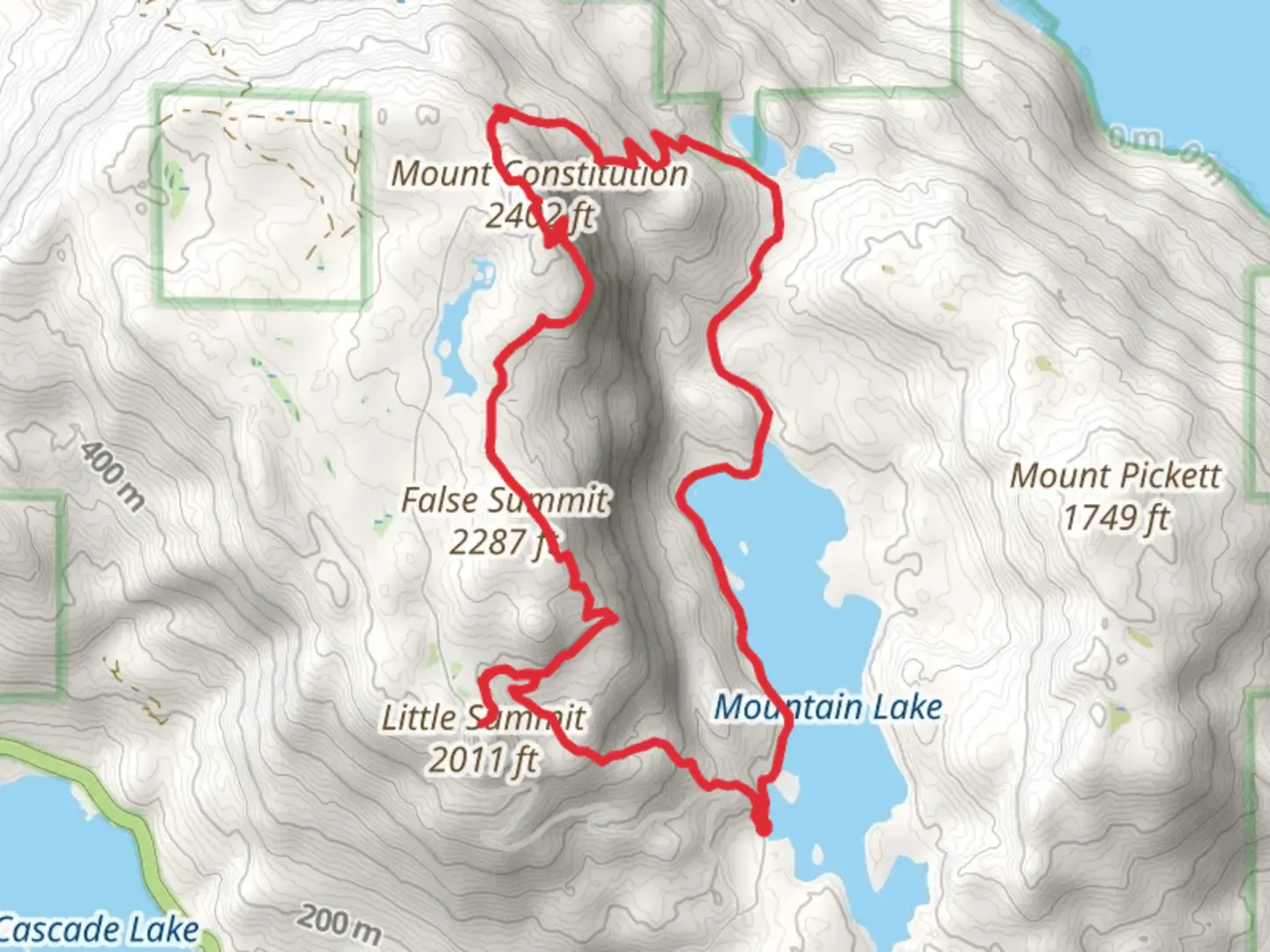 An image depicting the trail Mount Constitution, Mountain Lake Loop Trail and Little Summit Trail and its surrounding area.