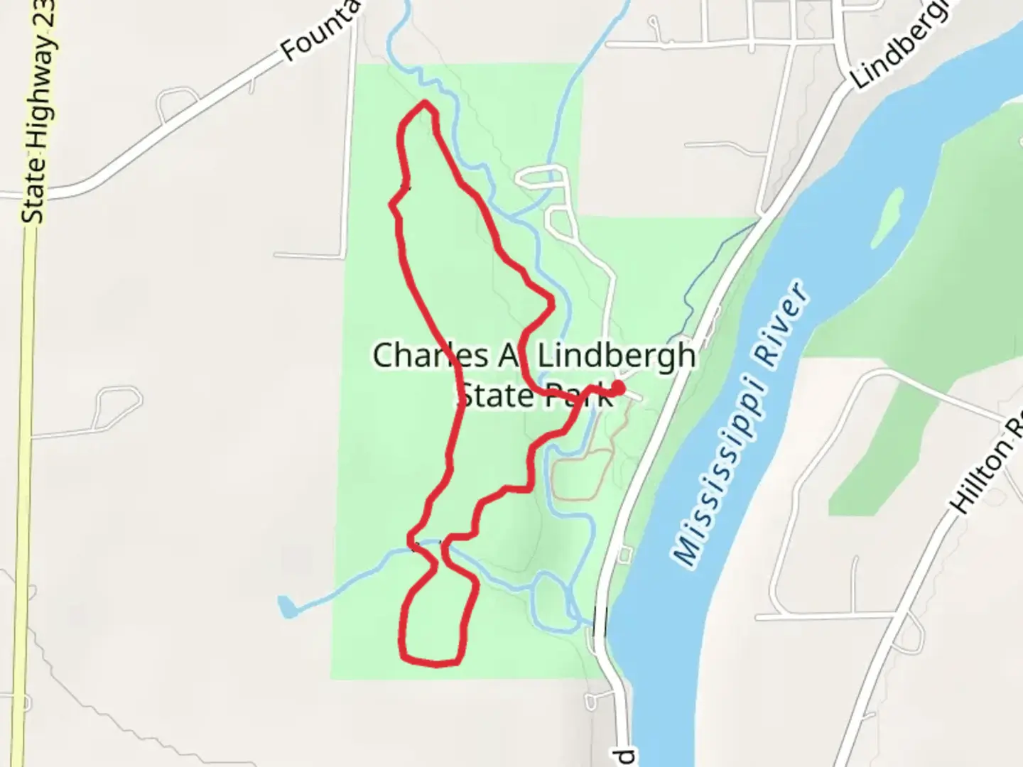An image depicting the trail Chalres A Lindbergh State Park Loop and its surrounding area.