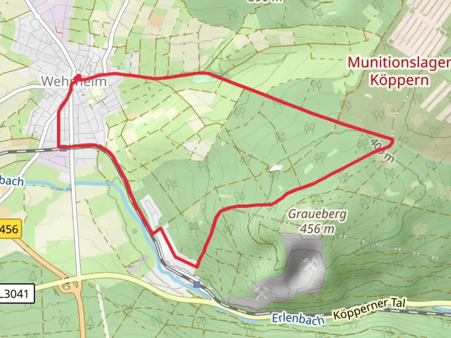 An image depicting the trail Taunus Schinderhannespfad in Wehrheim and its surrounding area.