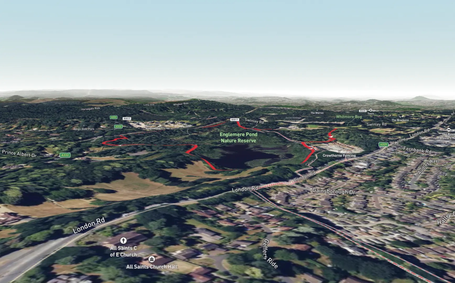 An image depicting the trail Englemere Pond Nature Reserve Loop and its surrounding area.