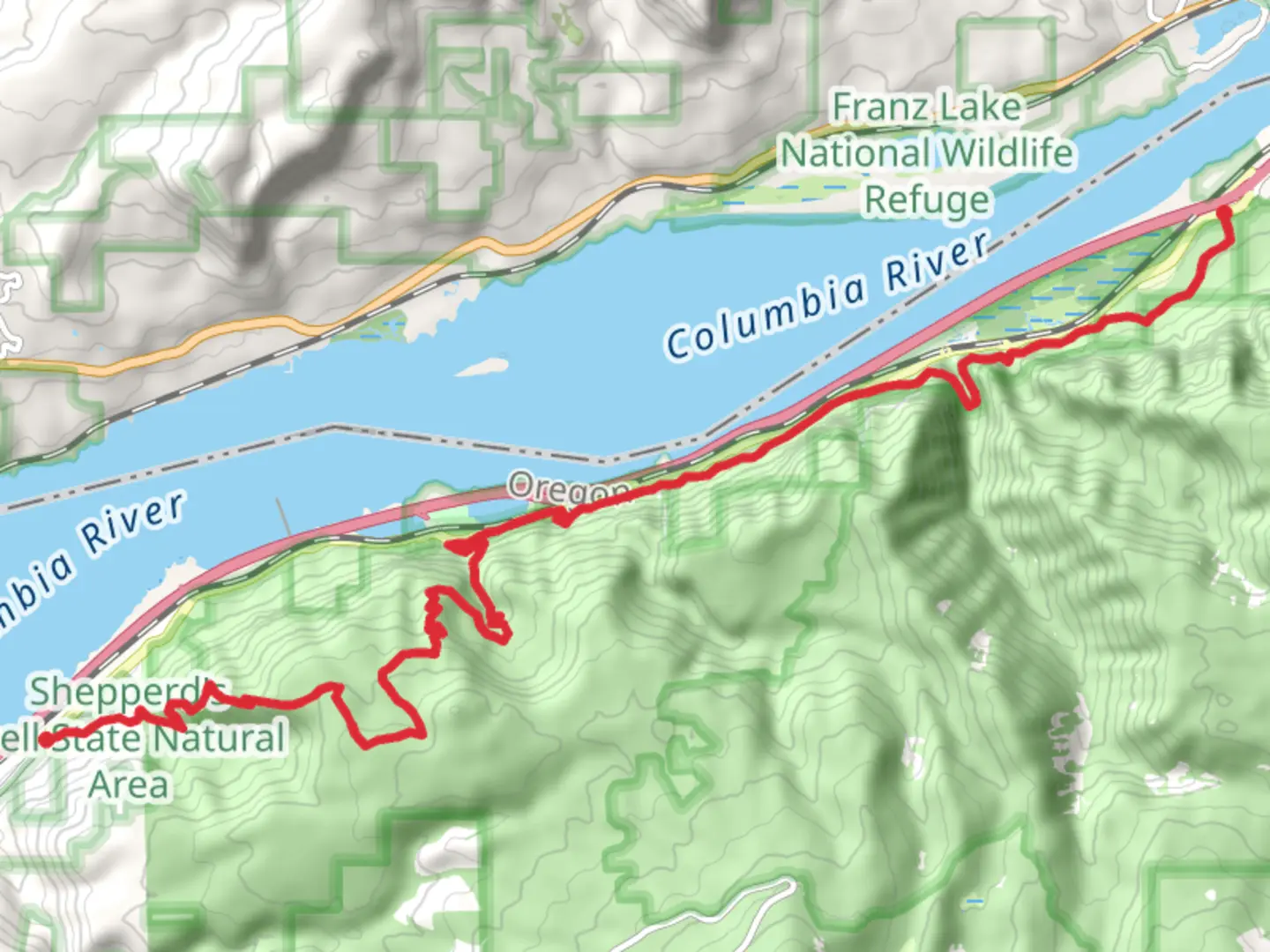 An image depicting the trail Angel's Rest, Oneonta and Gorge Trail and its surrounding area.