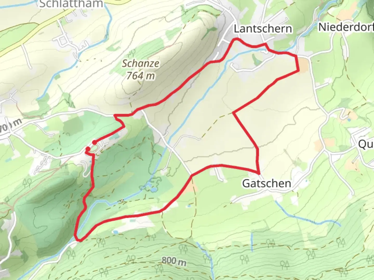 An image depicting the trail Gatschen and Lantschern Loop from Schloss Pichlarn and its surrounding area.