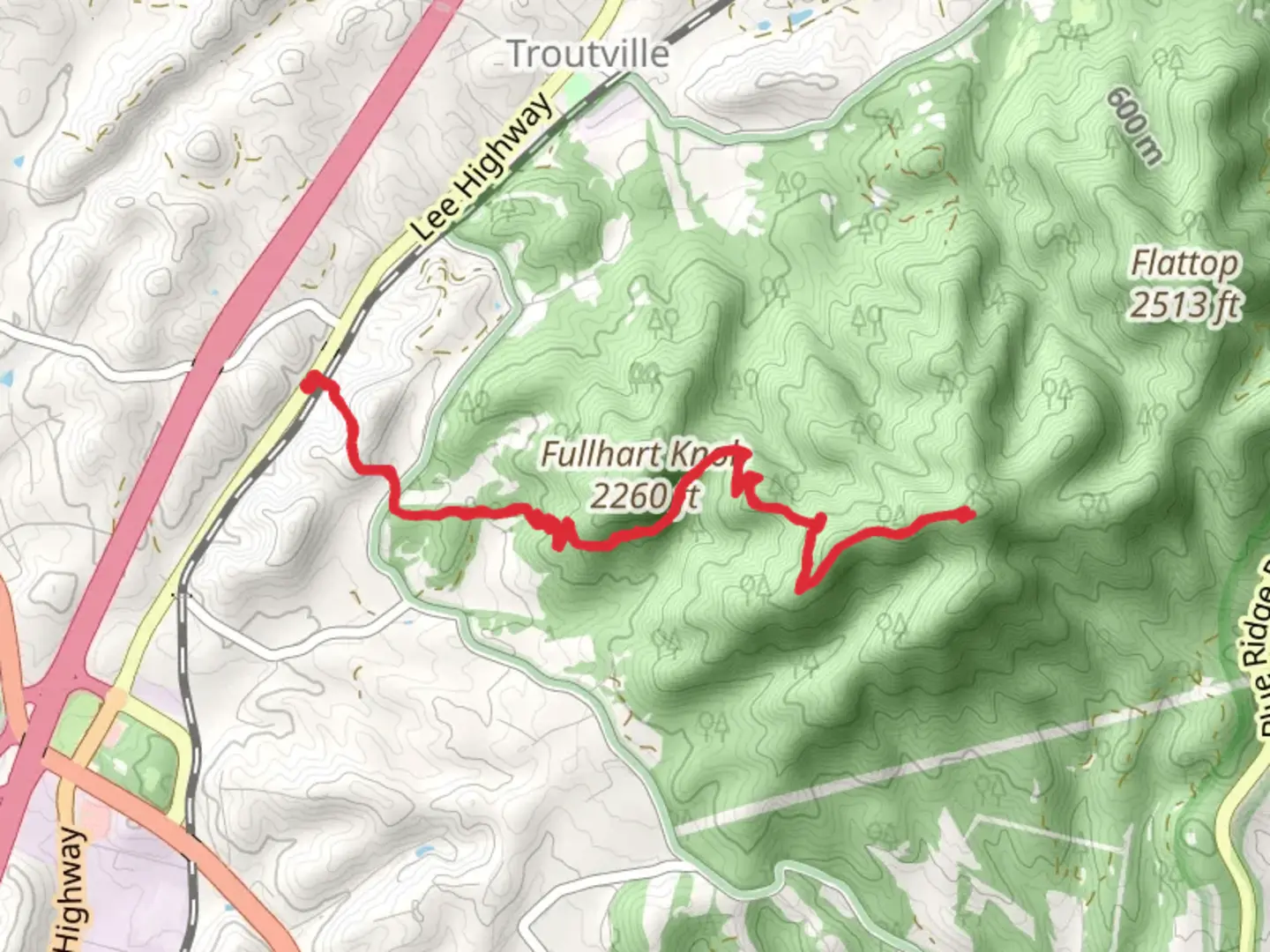 An image depicting the trail Fullhart Knob Shelter via Appalachian Trail and its surrounding area.