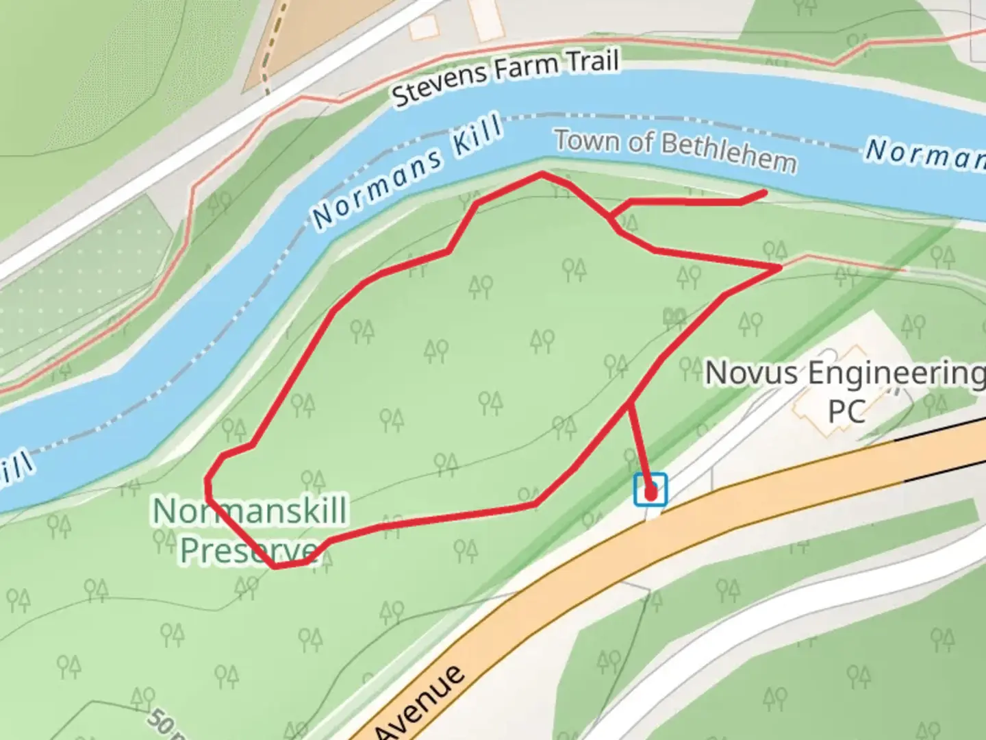 An image depicting the trail Normanskill Preserve Trail - Yellow Loop and its surrounding area.