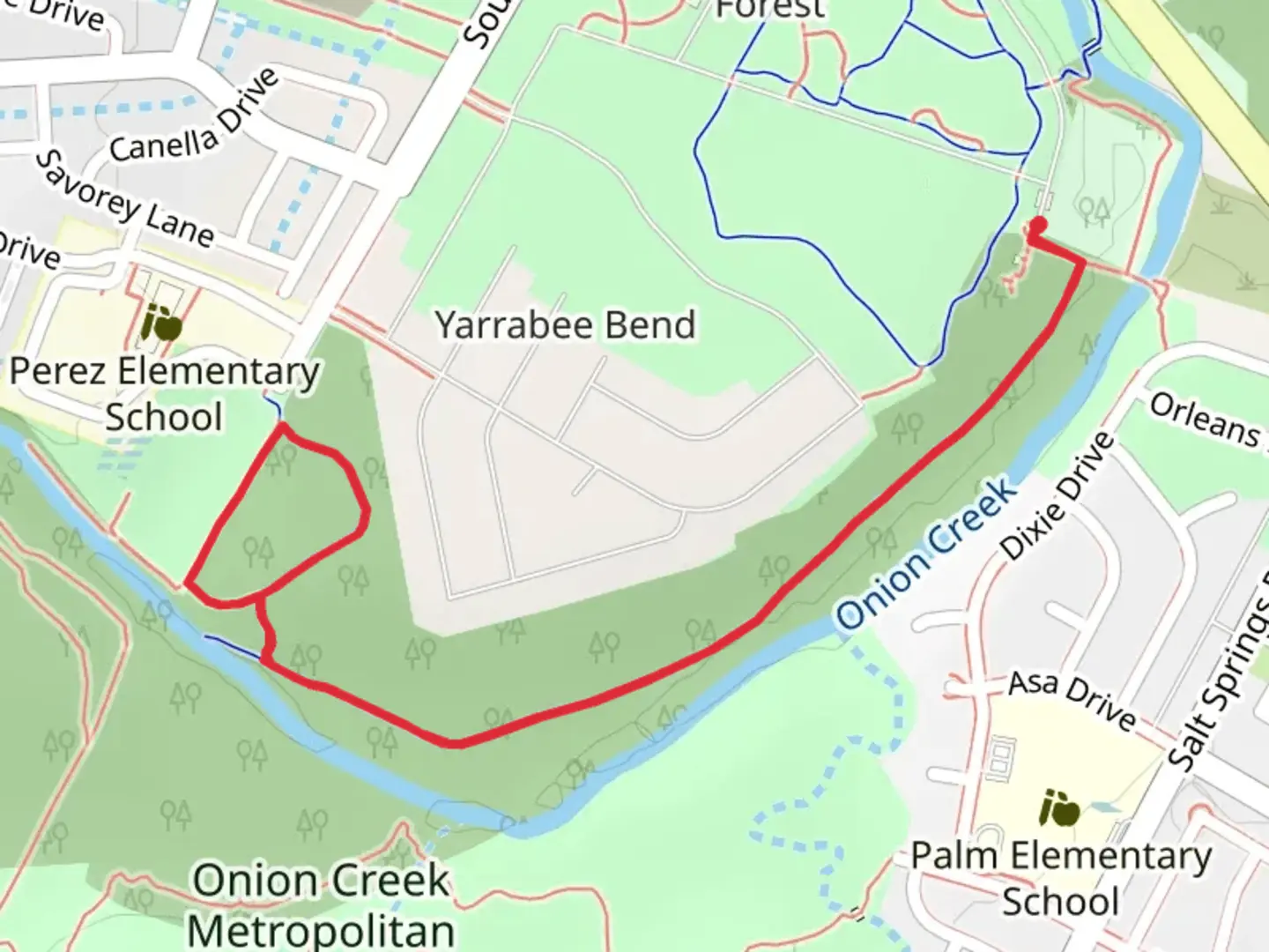 An image depicting the trail Onion Creek Greenbelt Trail 1 and 3 Loop and its surrounding area.