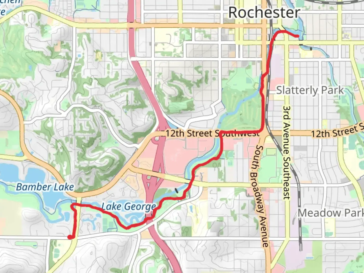 An image depicting the trail Zumbro River and Zumbro River Trail South Loop and its surrounding area.