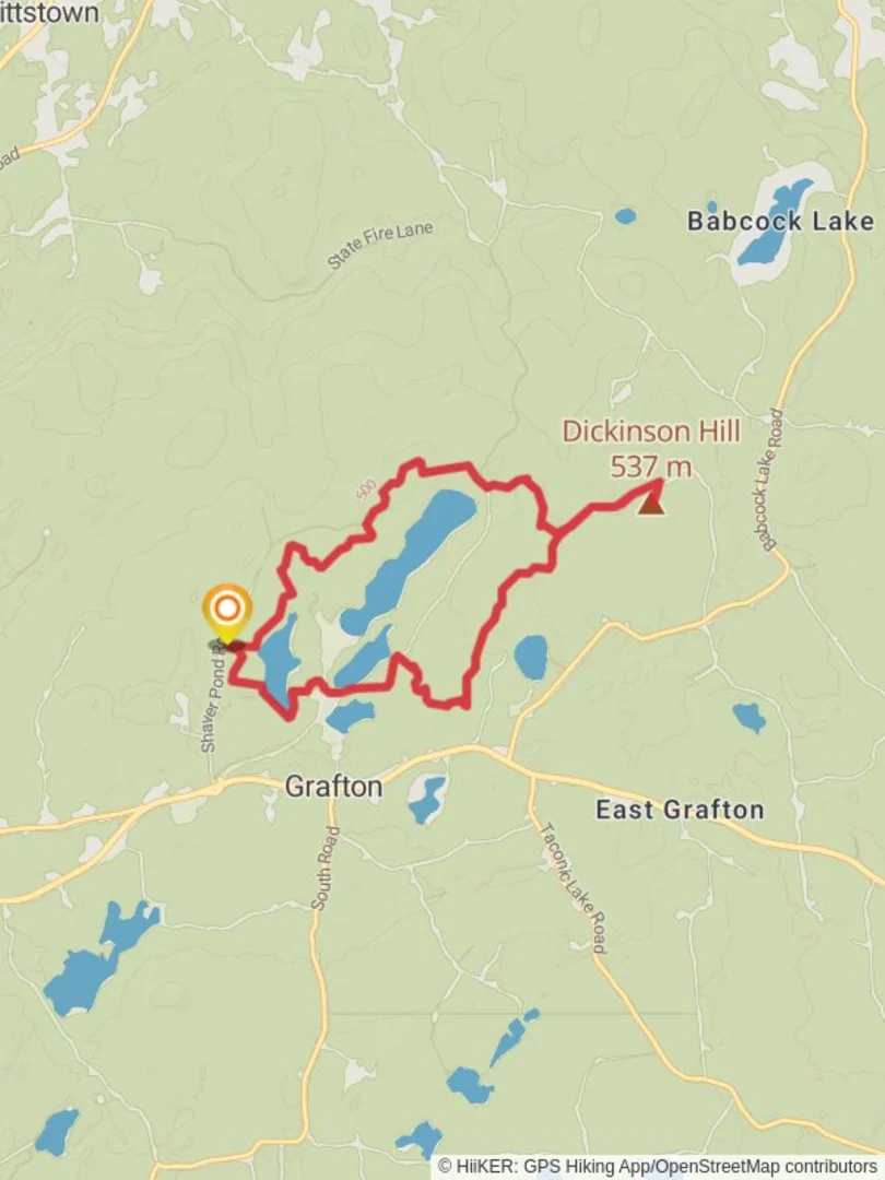 An image depicting the trail Grafton Lakes State Park and Dickinson Hill Loop and its surrounding area.