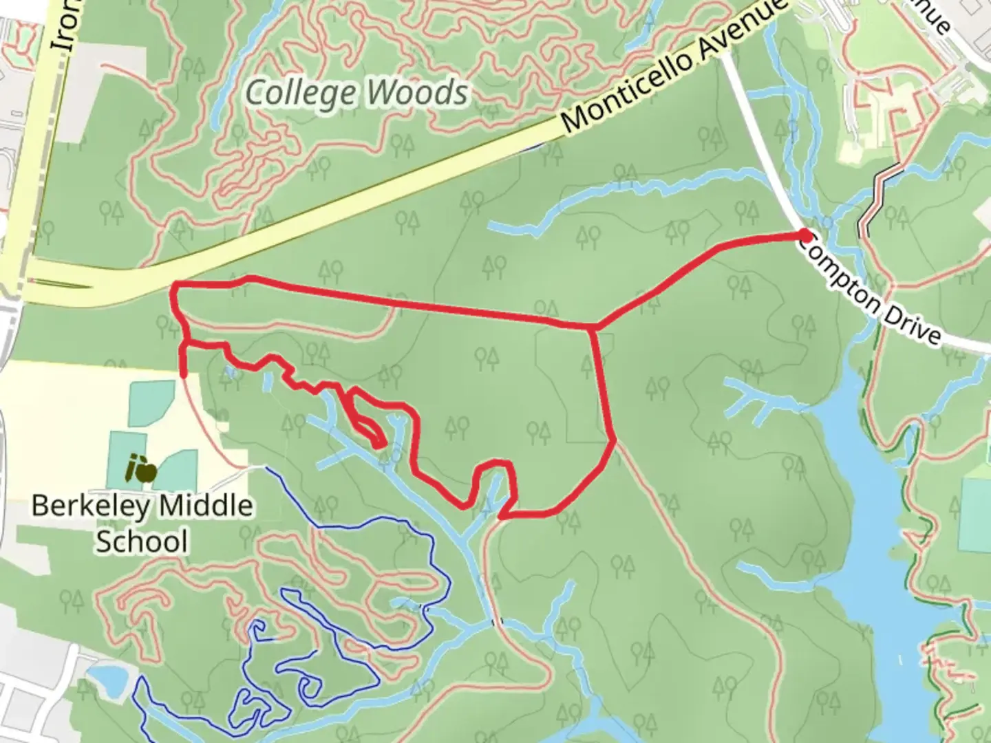 An image depicting the trail Monticello Trail and Matoaka Woods Trail Loop and its surrounding area.
