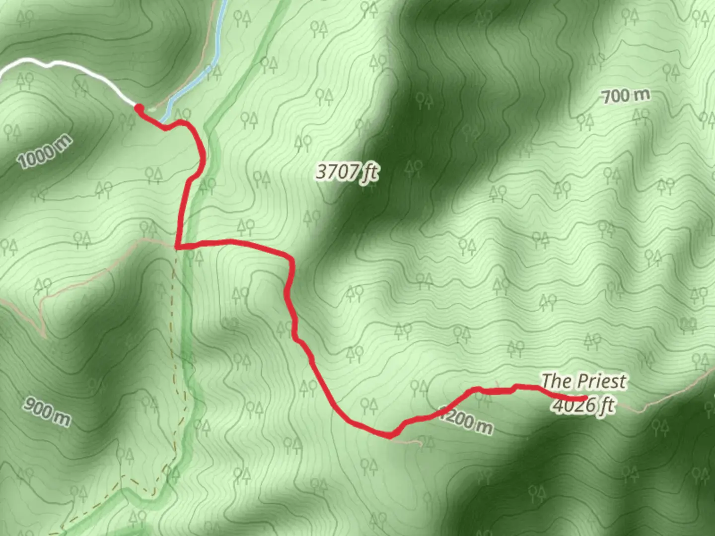 An image depicting the trail The Priest via Shoe Creek Trail and its surrounding area.
