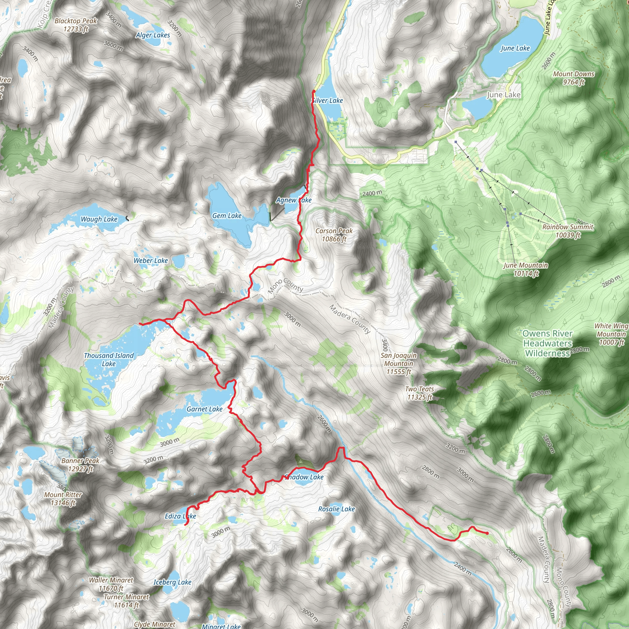 Pacific Crest, Ediza Lake, Garnet Lake, Thousand Island Lake and Rush Creek Trail mobile static map