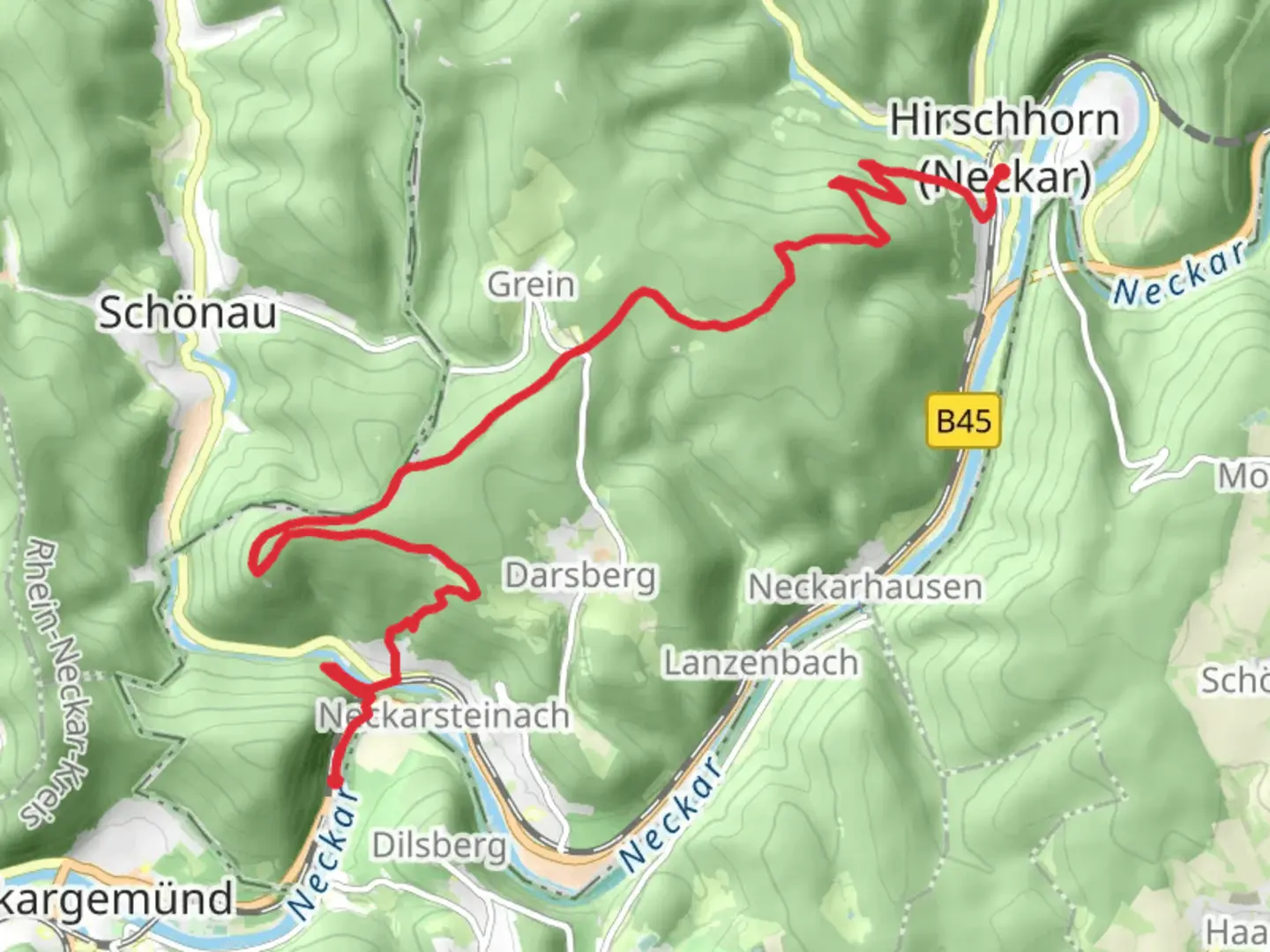 An image depicting the trail Neckarsteinach to Hirschhorn Walk via Hoher Darsberg and its surrounding area.
