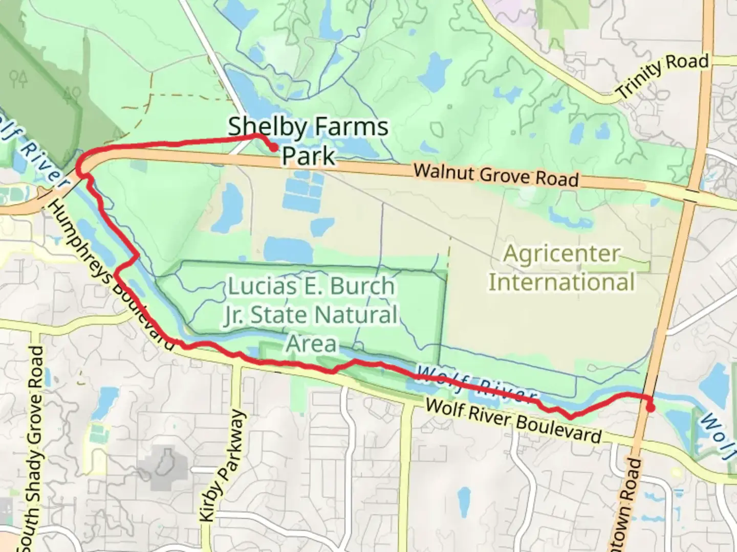 An image depicting the trail Wolf River Trail and Wolf River Greenway - Hyde Lake and its surrounding area.