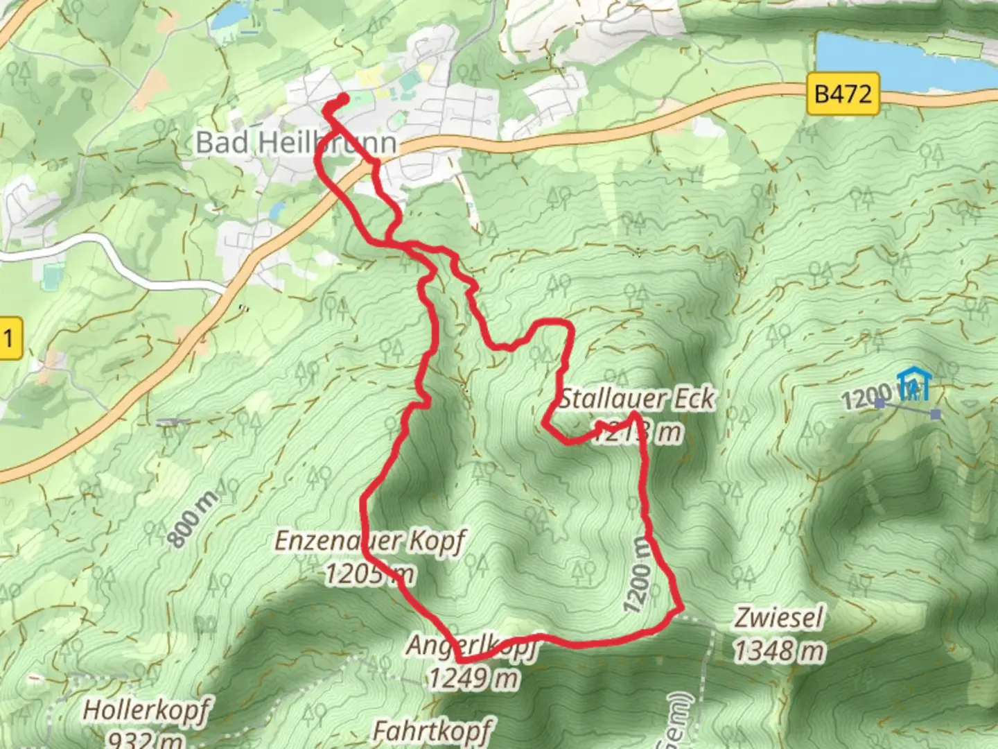 An image depicting the trail Stallauer and Angerlkopf via Kleine Bergrunde and Wanderwegenetz Toelzer Land and its surrounding area.