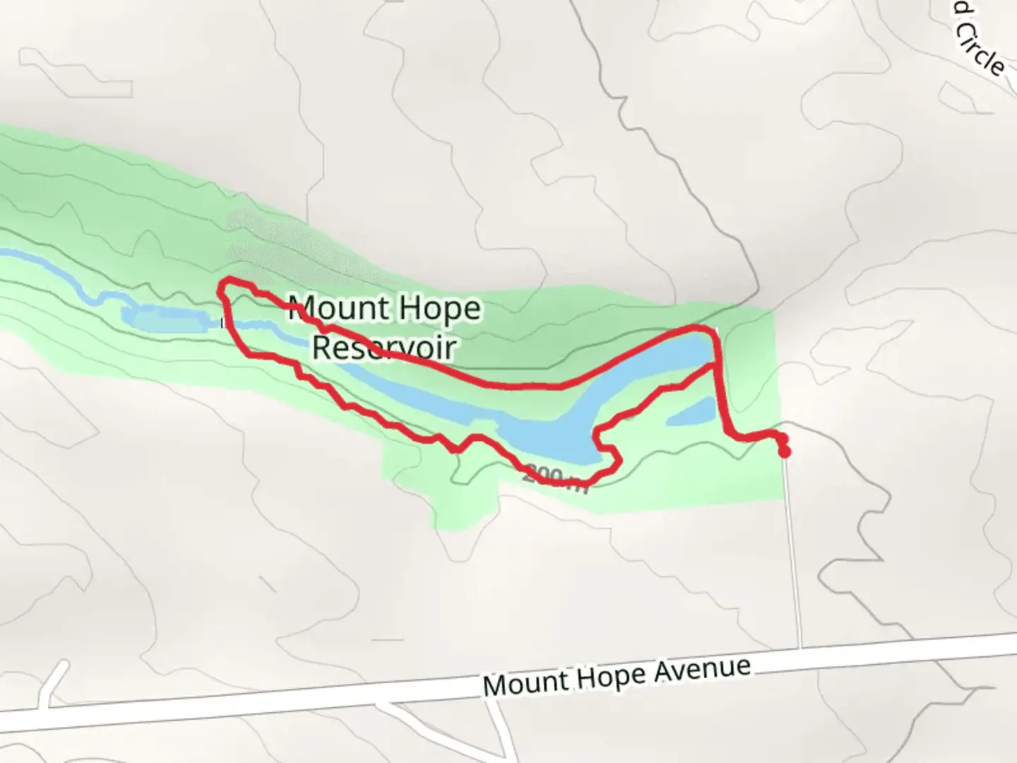 An image depicting the trail Mount Hope Reservoir Loop and its surrounding area.