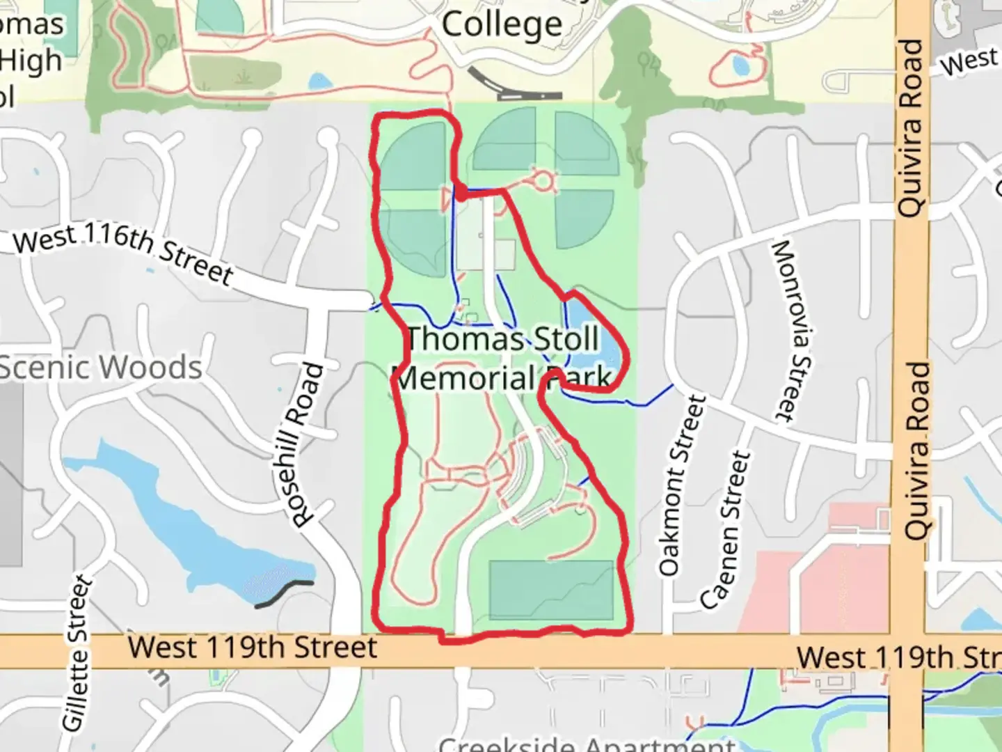 An image depicting the trail Stoll Park Lake and Thomas Stoll Memorial Park Loop and its surrounding area.