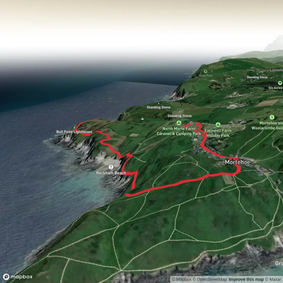 An image depicting the trail Bull Point from Mortehoe Farm and its surrounding area.