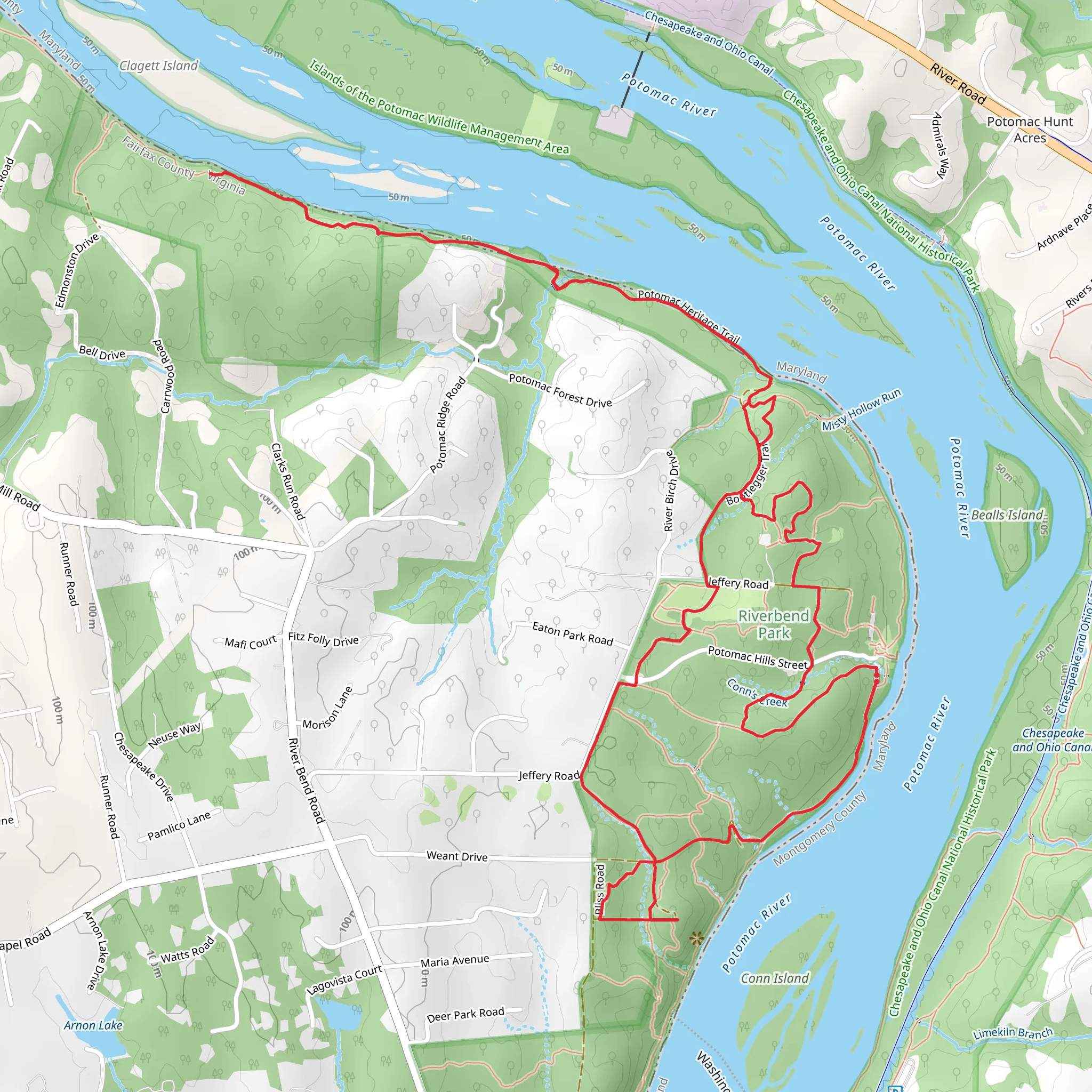 Madison's Escape Trail, Potomac Heritage Trail and Bootlegger Trail Loop mobile static map