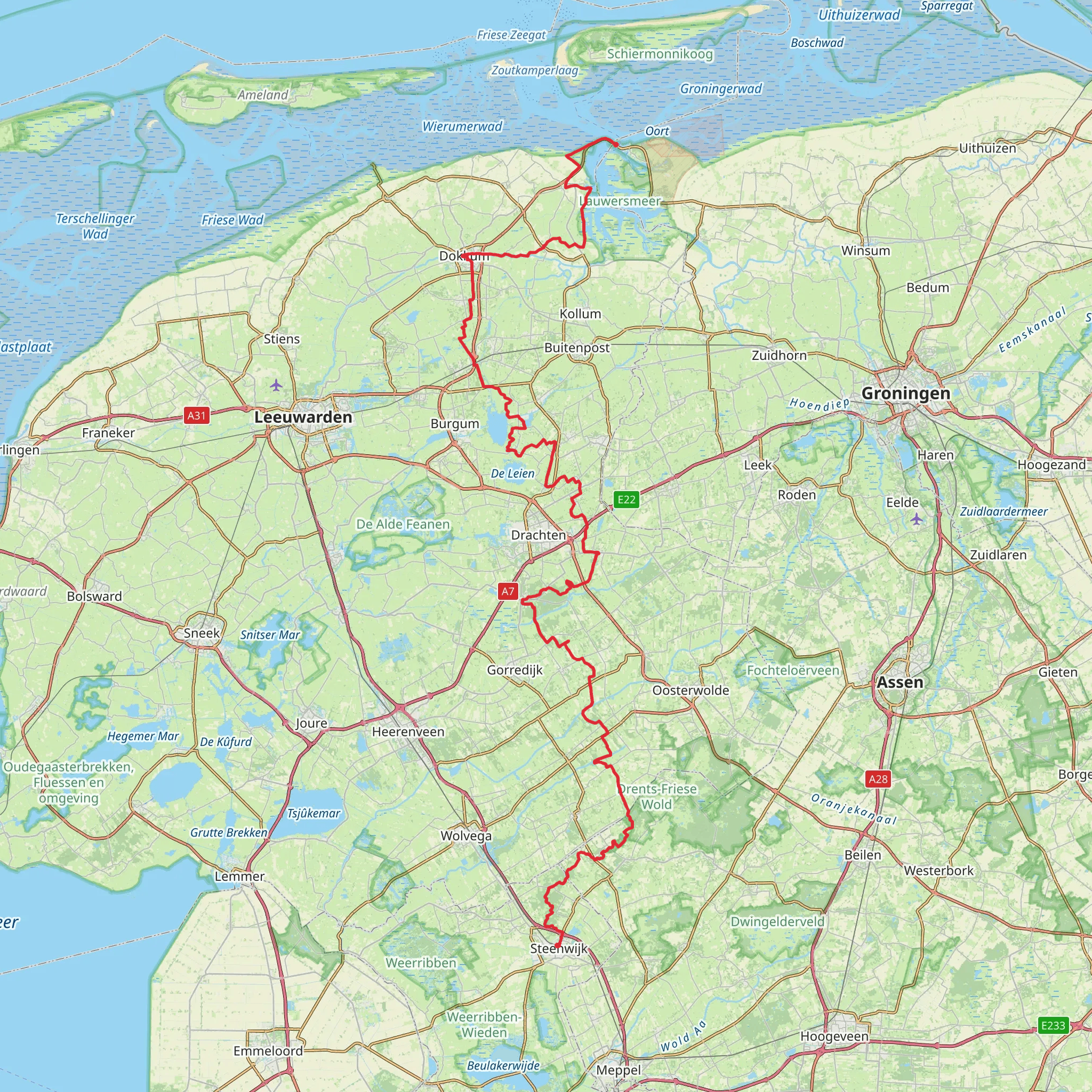 Steenwijk to Lauwersoog via Kerkweg, Groeneweg and Jaachpaad mobile static map